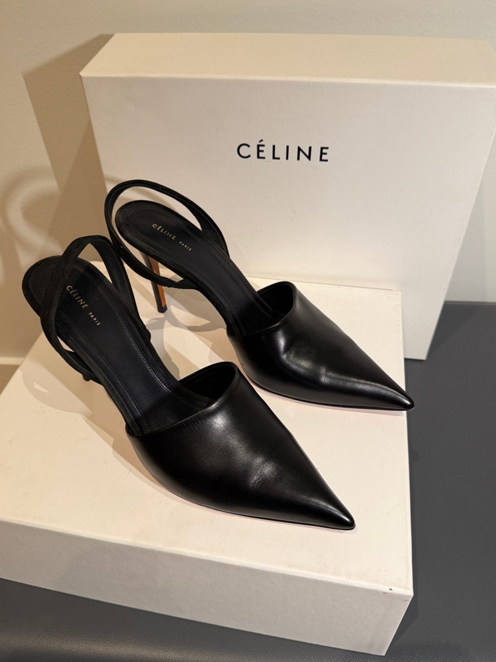 Celine Black Leather Pointed Toe Slingback Heels